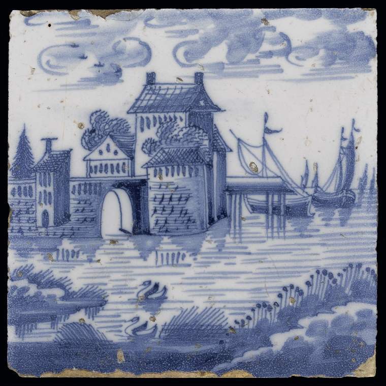 An image of Description: Earthenware, tin-glazed white on the upper surface and painted in blue. Buildings, a bridge and a jetty beside water with two swans in the foreground and shipping in the background to right.Dimensions: height: (whole): 12.9 cm, width: (whole): 12.9 cmDate: circa 1700 to 1800   
