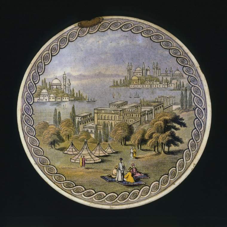An image of Constantinople: The Golden HornMAYA, T.J. & JPot LidWhite earthenware, moulded and decorated underglaze with a multicolour transfer print. Circular. On top of lid 'Walmer Castle with Horsemen', inscribed 'WALMER CASTLE'; border of two black lines; black key plate.C. 1854-1900