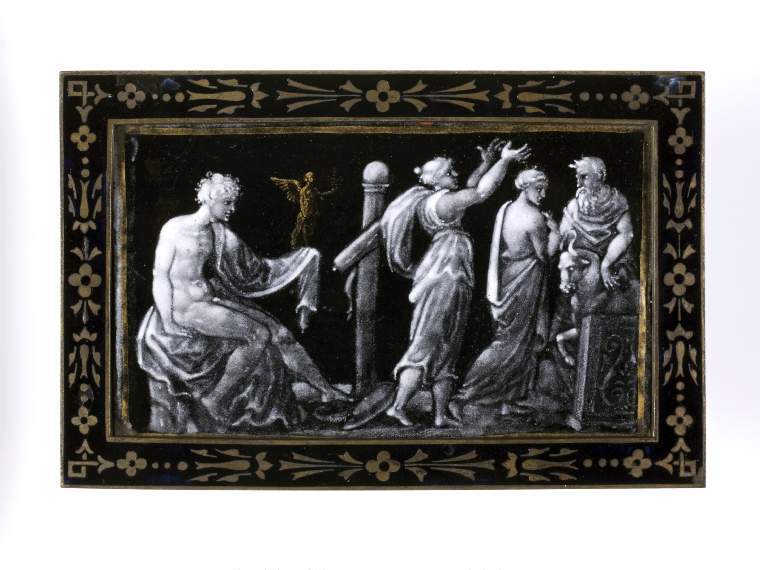 An image of Diomides and a group Sacrificing a BullLimoges painted enamelRectangular and slightly convex copper plaque enamelled en grisaille on a black ground, and gilded. he translucent counter-enamel is tinged with green.Diomides seated holding the Palladium before a group sacrificing a bull. On the left, Diomedes, nude, sits in profile to right on a drapery which passes over his left arm which is held out in front of him, supporting a gold winged figure of the Palladium. Further to the right is a column with a ball on top, a clad female figure with a quiver, holding her arms up to the right, another female figure, and an old man facing to the left with a bull, partly concealed behind an altar. A gold line runs round the edge.Narrow rectangular frame with on the back, a toothed inner edge which holds the plaque in position, and, at top centre, a ring and a circular loop for suspension. The front has a blue-black ground decorated on the front in gold with a repeating pattern of formal flowerheads and foliage.Limoges, FranceC.1540-60