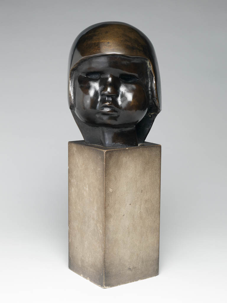 An image of Romilly: Head of an Infant. Epstein, Jacob (British, 1880-1959). Bronze, cast with highly polished surface On a tall oblong block of stone set at right angles is the head of a child wearing a 'cap', which covers the ears. The eyes are sunk deeply in the full face. Production Notes : Romily John (1906-86) was the son of the artist, Augustus John (1878-1961). This is the first of Epstein's three portraits of Romily as a child. It was conceived in 1907 and was cast in an edition of nine. Height (whole) 42.9 cm, width (whole) 16.1 cm, diameter (whole) 19.6 cm, height (head) 20.3 cm, width (head) 15.8 cm, diameter (head) 19.6 cm, area (base) 11.4 cm. 1907.