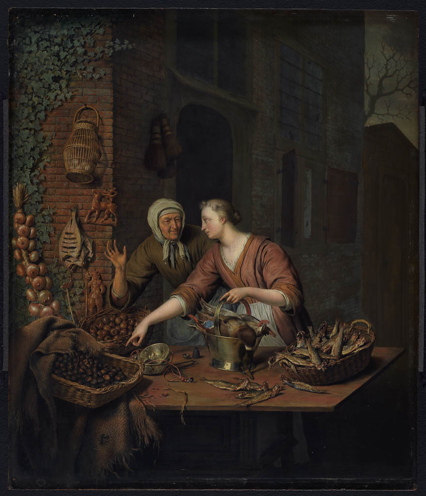 An image of The Market Stall. Willem van Mieris (Dutch, 1662-1747). Oil on panel, height 41.9cm, width 35.9cm, circa 1730.