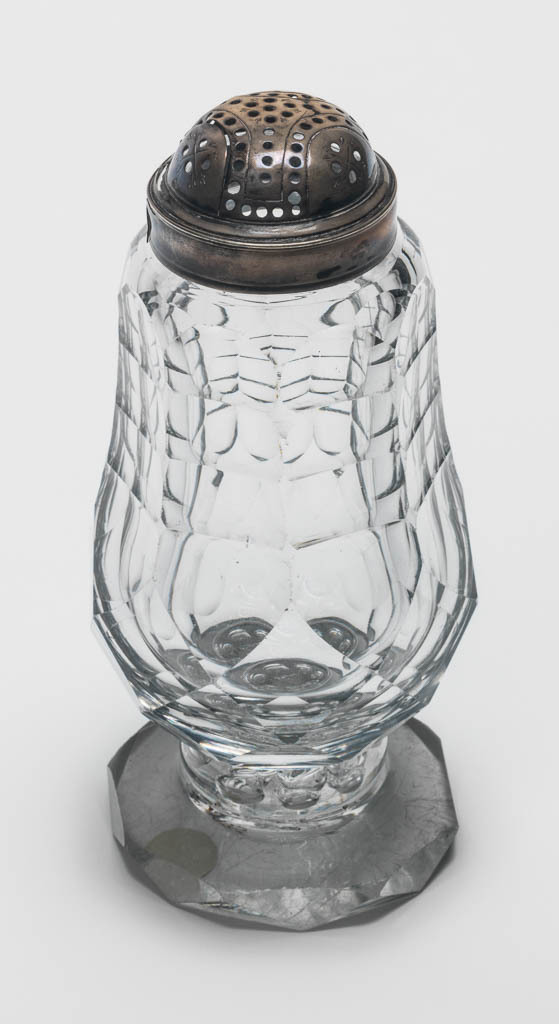 An image of Glass/ Sugar Caster. Unknown Maker. Decorated with shallow cutting, flattened beaded knop on cut foot. Lead-glass, blown, with cut decoration, silver cap, height, whole, 15.0 cm, circa 1750. English.