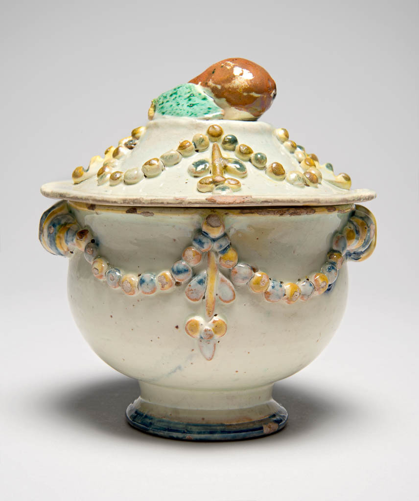 An image of Sugar Pot. Lead-glazed earthenware, dated 1746. Swiss.