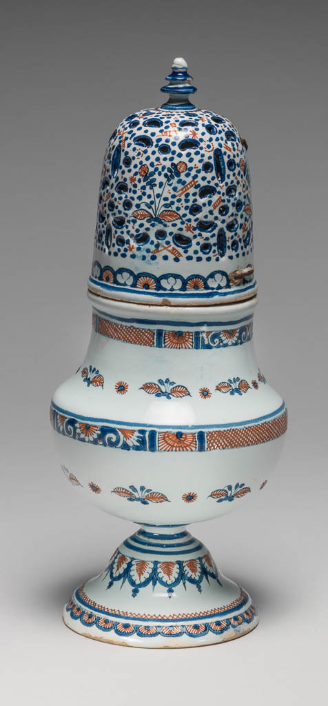 An image of Sugar Caster. Unknown Maker. Production Place: Rouen, France. Tin-glazed earthenware, early 18th Century. Repaired.