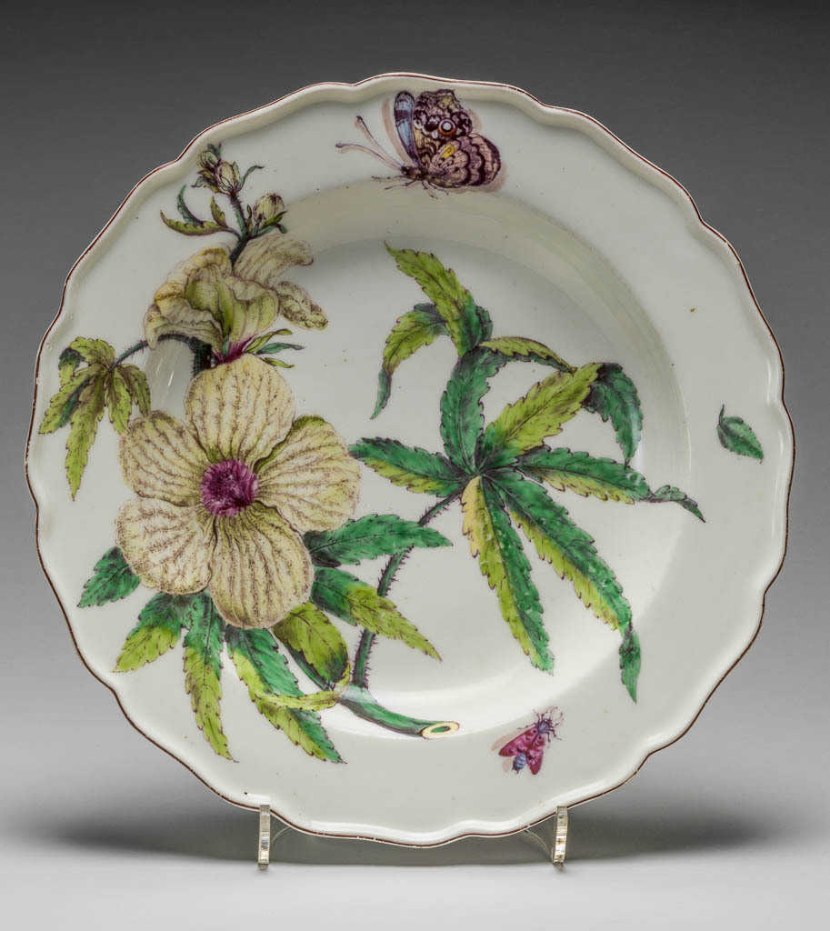 An image of Plate. Deep soap plate. Chelsea Porcelain Manufactory. Soft-paste porcelain, decorated with flowers and insects in polychrome onglaze enamels, height 1 1/2 in, diameter 9 3/8 in, circa 1750. Red anchor period.
