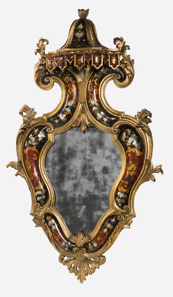 An image of Woodwork/Mirror. Unknown maker, The Veneto. One of four gilt wood mirrors painted with red and black lacquer and inlaid with mother-of-pearl (M.7A-D-1949). Circa 1701-1800. Rococo.
