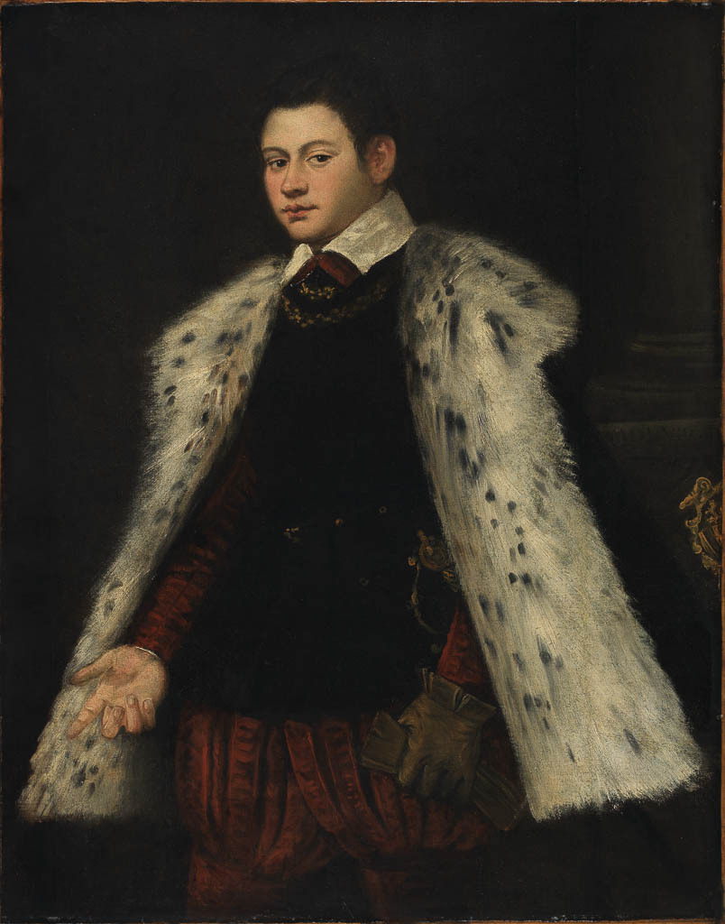 An image of Young man in a fur cloak, 1558. Workshop of Tintoretto, Jacopo (Jacopo Robusti, Italian, 1518-1594). Oil on canvas, height 117.5 cm, width 92.1 cm, 1558.