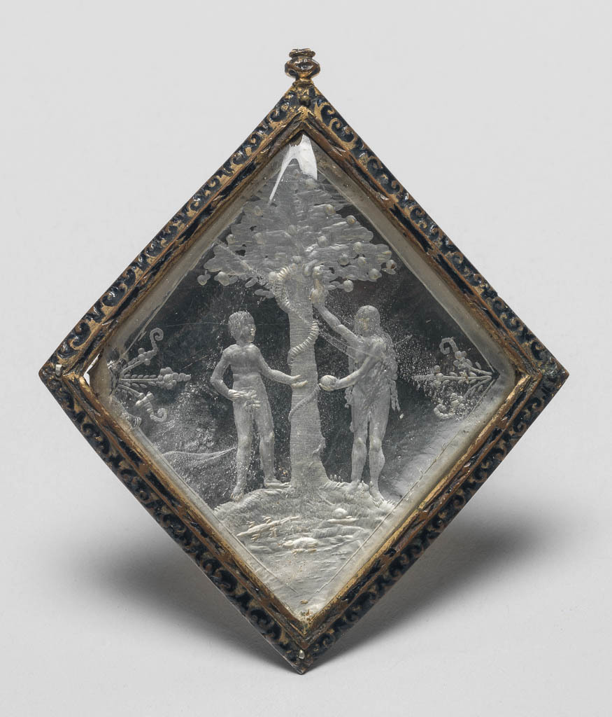 An image of Engraved gems. Plaque. The Fall of Man. Lehmann, Kaspar (German glass engraver, gem carver, b.1563-1565, d.1622). Adam and Eve, naked, standing on a grassy mound to each side of an apple tree which has a serpent entwined around the trunk. The serpent offers an apple to Eve who passes it to Adam, whose left hand is outstretched to receive it. Foliate ornament in the angles to right and left. The frame is decorated with gold scrollwork reserved in the black ground. Rock crystal (quartz), wheel engraved, and set in a lozenge-shaped gold frame enamelled black, height, 75 mm, width, 85 mm, dept, 10 mm, circa 1600-1700. German.