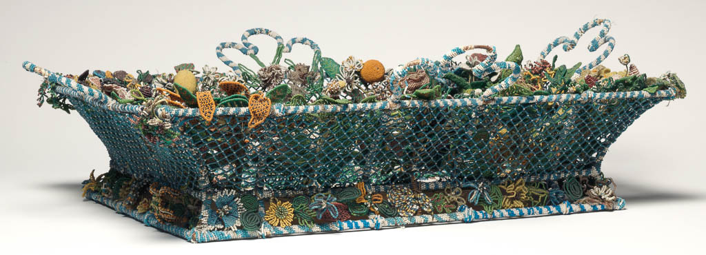 An image of Textiles/Basket. Glass beads threaded on wire attached to a wire frame, circa 1680. English.