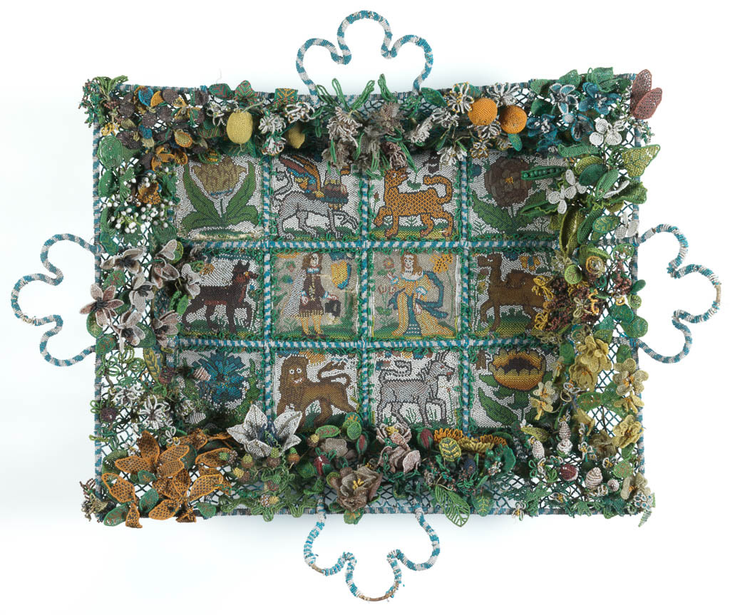 An image of Textiles/Basket. Glass beads threaded on wire attached to a wire frame, circa 1680. English.