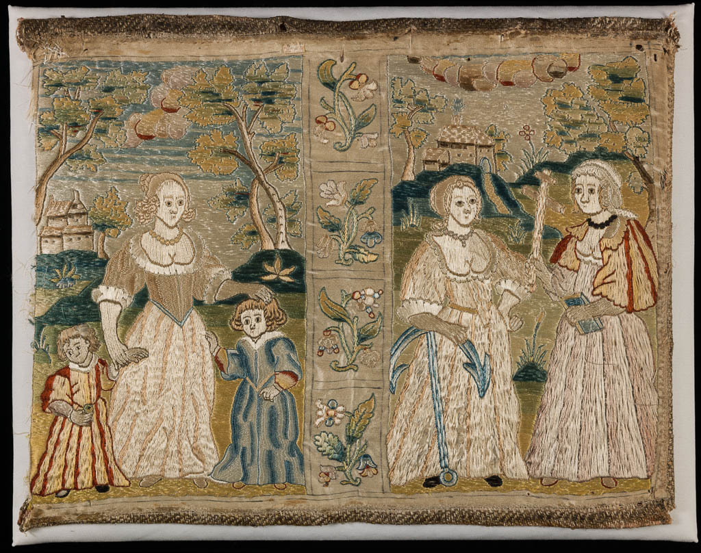An image of Textile/Embroidery. Book Cover. Faith, Hope and Charity. Height 21.5 cm, width 29.5 cm. 1st half of 17th Century.