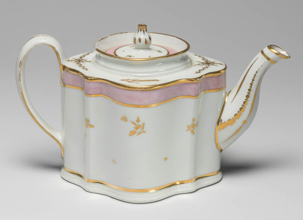 An image of Tea Pot from a Tea Service/Tea Set. New Hall Porcelain Factory, Staffordshire. Comprising a teapot and cover of 'silver' shape, a milk jug, sugar basin and cover, a slop basin, two plates of different sizes, two tea bowls, two coffee cups and two saucers. Each piece is decorated with a wide band of pink enamel between narrow gold bands and with scattered floral sprigs in gold. In addition, the milk jug has two sprays of leaves below the lip, and the teapot has sprays of leaves and formal ornament on the shoulder and further formal ornament on spout and handle. Pattern no. 223. Hybrid hard-paste porcelain, moulded, and painted lead overglaze, decorated with pink enamel and gilt, height, teapot, 14.4 cm, length, teapot, 24.1 cm, circa 1785. Rococo.