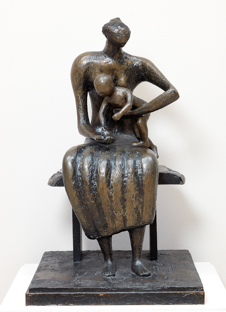 An image of Sculpture/Figure. Mother and child with apple. Moore, Henry Spencer (British, 1898-1986). Bronze, cast, 1956. Notes: the second of an edition of ten. On loan.