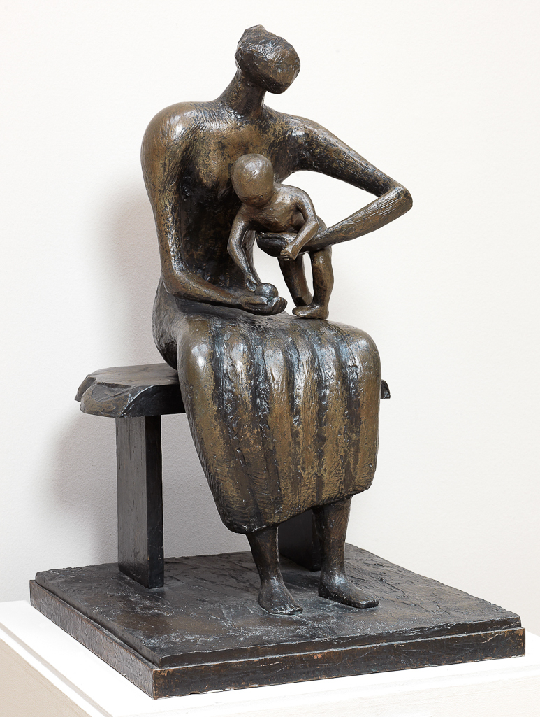 An image of Sculpture/Figure. Mother and child with apple. Moore, Henry Spencer (British, 1898-1986). Bronze, cast, 1956. Notes: the second of an edition of ten. On loan.