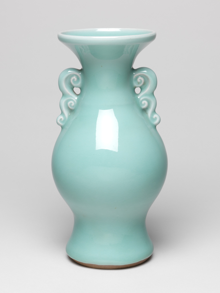 An image of Vase. Unknown, Kyoto. Hard paste porcelain vase, with celadon glaze. Decorated with handles in Chinese style. Hard-paste porcelain, celadon glazed, 1930-1939. Shōwa era (1926-1989). Acquisition Credit: Given by David Hyatt King, through The Art Fund