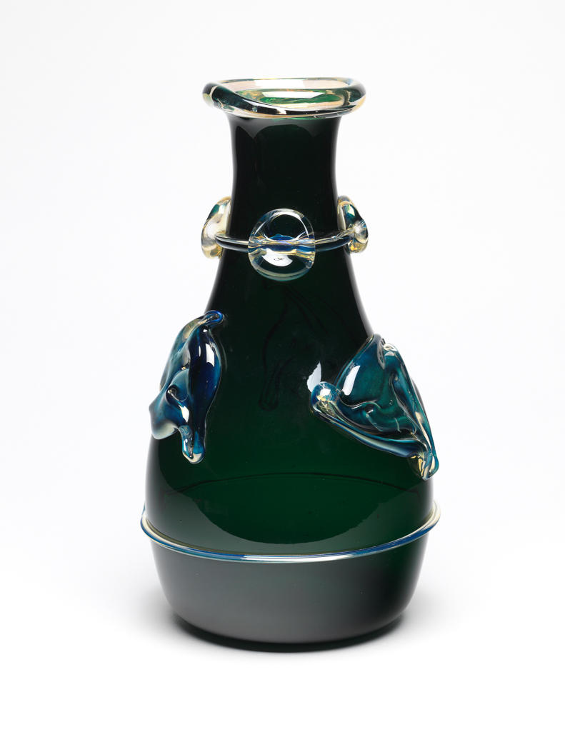 An image of Vase. Hamada, Yoshio (Japanese,1944-2011). Deep green glass vase, with tapering neck and rolled rim, with yellow and applied decoration, 2003.