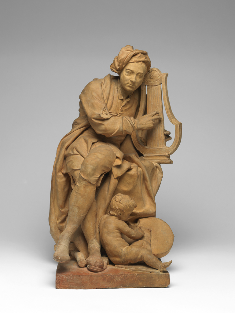 An image of Sculpture/Figure. George Frideric Handel. Roubiliac, Louis François (French, bapt. 1702-1762). Terracotta, hand-modelled and fired, height 47.2 cm, width 26.9 cm, diameter 36.2 cm, before 1738. Rococo. Notes: This is the model for the marble statue erected in Vauxhall gardens in 1738.