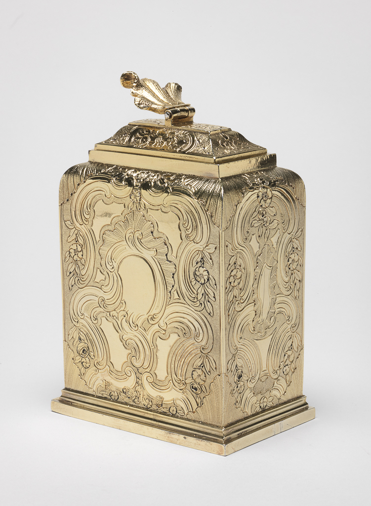 An image of Silverware. George II tea caddy, with London hallmarks. Videau, Aymé (active 1723-1775). Silver gilt, 1745. Acquisition Credit: Given by the estate of the late Olive and Peter Ward. Former loan number AAL.3-2012.