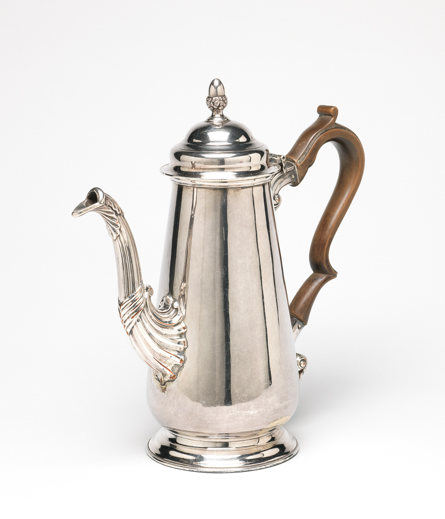 An image of Silverware. Coffee Pot. Boulton, Matthew (British, 1728-1809, Sheffield). George II style coffee pot, old Sheffield plate, after 1784-before 1825. Acquisition Credit: Given by the estate of the late Olive and Peter Ward. Former loan number; AAL.5-2012.
