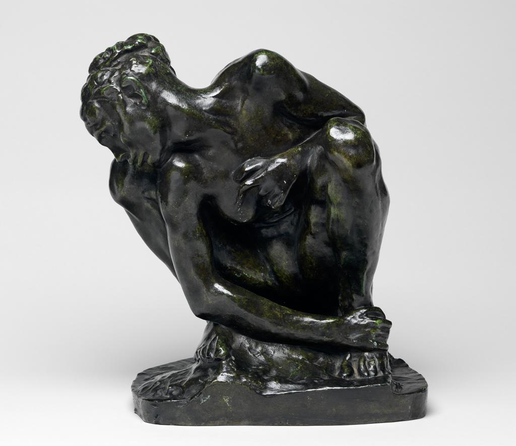 An image of Sculpture/Figure. Femme Accroupie. Rodin, Auguste (French, 1840-1917). Rudier, Georges, founder, Paris. Bronze, cast, with green patina, height, whole, 31.5 cm, circa 1954-1955. Original model c.1881-1882. Production Note: A reduced version of the life size (86.5 cms high) figure of c.1881-82, conceived as part of the Portes D'Enfer (The Gates of Hell). Acquisition Credit: From the collection of Andrew Gow, presented by the National Art Collections Fund.