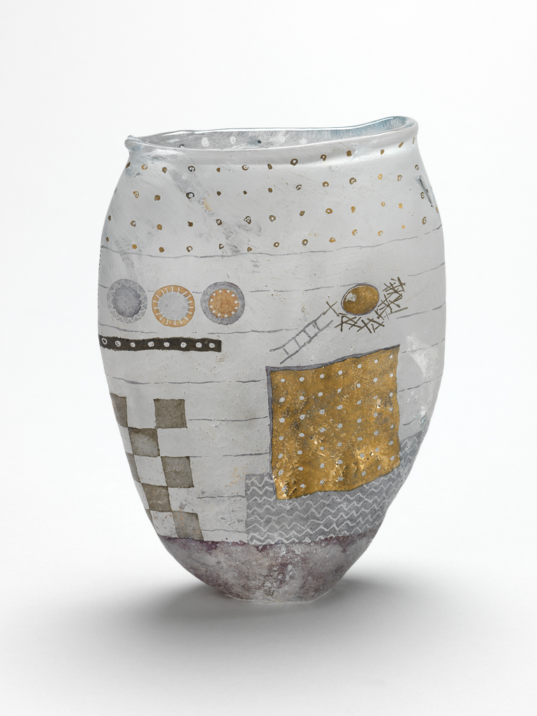 An image of Studio Glass. Tea and the Indian Bird. Lowe, Liz. Glass vase. Clear glass, blown into a soft sand mould, sandblasted, hand-painted in white, pale purple, and grey enamels and gold, 1997. Gift of Nicholas and Judith Goodison through the National Art Collections Fund.