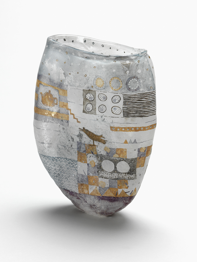 An image of Studio Glass. Tea and the Indian Bird. Lowe, Liz. Glass vase. Clear glass, blown into a soft sand mould, sandblasted, hand-painted in white, pale purple, and grey enamels and gold, 1997. Gift of Nicholas and Judith Goodison through the National Art Collections Fund.