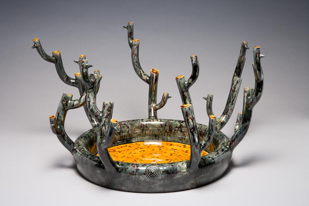 An image of Cut Branch Dish. Keeler, Walter. Cream earthenware, decorated with grey-blue, and yellow-brown coloured glazes, circa 2006. Gift of Nicholas and Judith Goodison through the National Art Collections Fund.