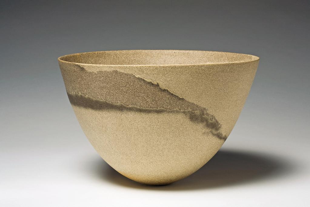 An image of Studio Ceramics. Contemporary Craft. Sand-grained bowl. Lee, Jennifer (British, b.1956). Buff, pale brown, and dark brown hand-built stoneware with a sandy surface, height, whole, 19.3 cm, diameter, whole, 30 cm. 2002. Gift of Nicholas and Judith Goodison through the National Art Collections Fund.