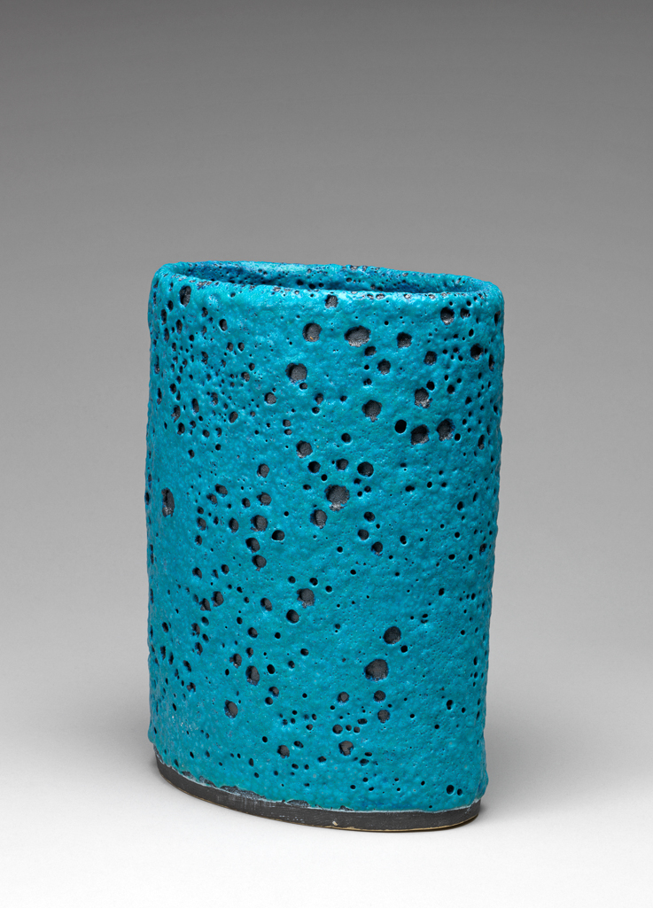 An image of Contemporary Craft. Studio Ceramics. Vase. Cooper, Emmanuel (British, 1938-2012). Earthenware, blackened surface and turquoise-blue volcanic glaze, 2005. Gift of Nicholas and Judith Goodison through the National Art Collections Fund.