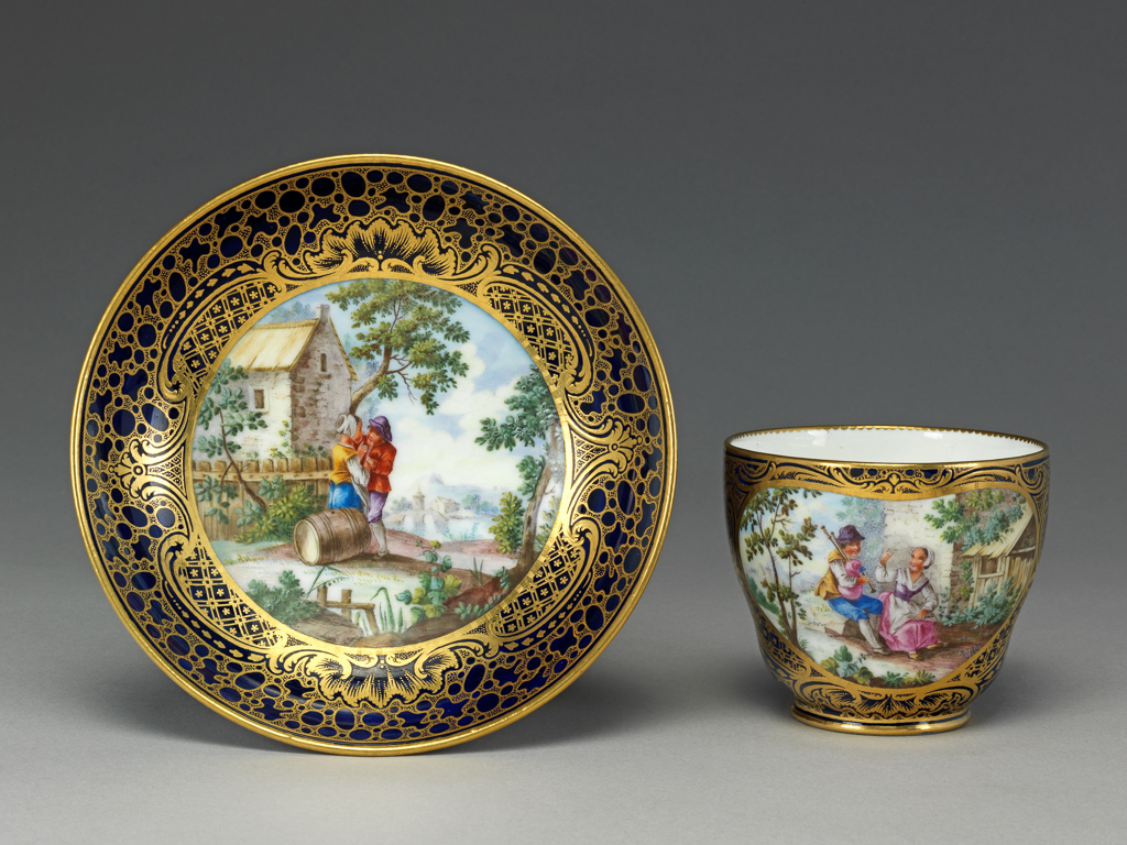 An image of Cup and Saucer/Gobelet Hébert et soucoupe from a dejeuner. Sevres Factory. Vielliard, André-Vincent (French, 1717-90, act.1752-1790). Soft-paste porcelain decorated with an underglaze blue ground, painting in blue, several shades of green, yellow, pink, red, pale purple, pale and dark brown enamels, and gilding. The cup and saucer bear the date letter for 1759.