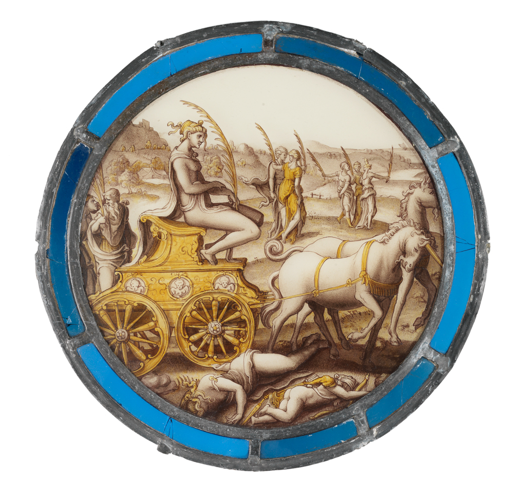 An image of Stained Glass / Roundel. The Triumph of Chastity Over Love. Style of Pieter Coecke van Aelst (c.1502-1550), probably from his workshop or that of a glass painter influenced by him. Production Place: Flanders, Antwerp. Clear glass, silver-stained and painted, yellow and brown with border of blue glass, diameter, whole, 32.0 cm. Circa 1540-1550. Flemish, Renaissance. Notes: Chastity sits in a golden car drawn by two unicorns over the prostrate bodies of Venus and Cupid. She carries a palm, as do the five women in the landscape background and the man and woman following the car.