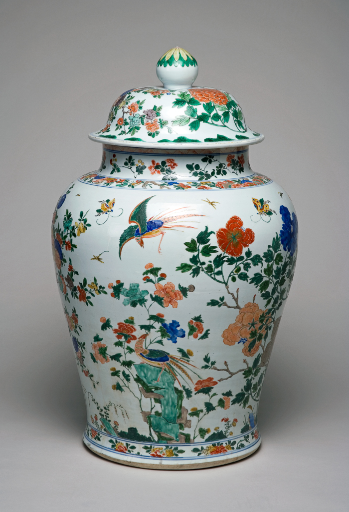 An image of Vase and Cover from a Garniture of Five Vases. Hard-paste porcelain, painted overglaze in enamels in the famille verte palette, and gilt, height 80 cm 1680-1720. Chinese. Kangxi Period (1662-1722). Qing Dynasty (1644-1912). Production Notes: Post-conservation.