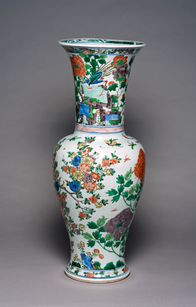 An image of Vase from a Garniture of Five Vases. Yan yan shape. Hard-paste porcelain, painted overglaze in enamels in the famille verte palette, and gilt, height 71 cm, 1680-1720. Chinese. Kangxi Period (1662-1722). Qing Dynasty (1644-1912). Production Notes: Post-conservation.