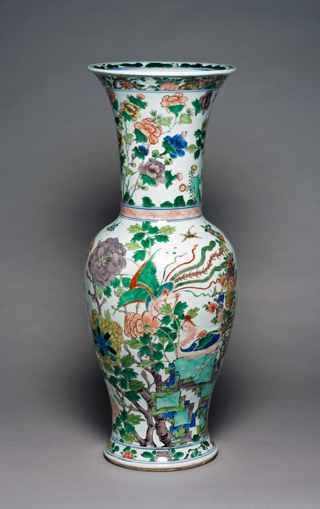 An image of Vase from a Garniture of Five Vases. Yan yan shape. Hard-paste porcelain, painted overglaze in enamels in the famille verte palette, and gilt, height 71.5 cm, 1680-1720. Chinese. Kangxi Period (1662-1722). Qing Dynasty (1644-1912). Production Notes: Post-conservation.