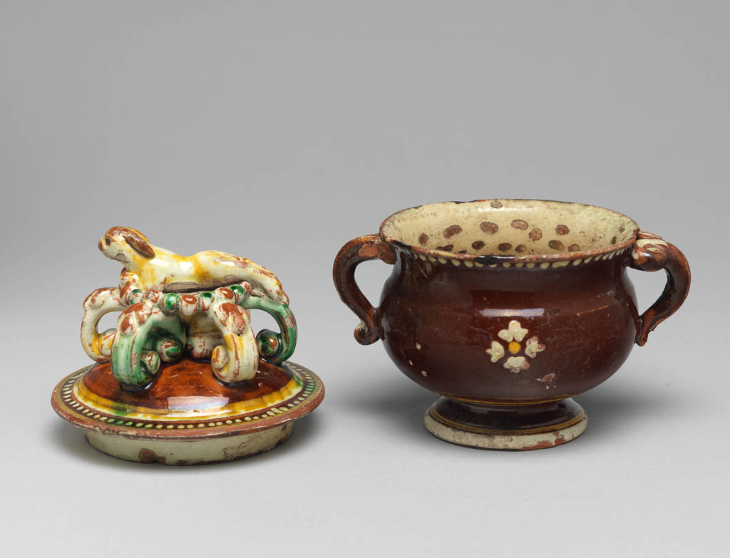 An image of Sugar bowl and cover. Production place: Langnau, Switzerland. Earthenware, decorated with slip, and lead-glazed, circa 1780-1800.