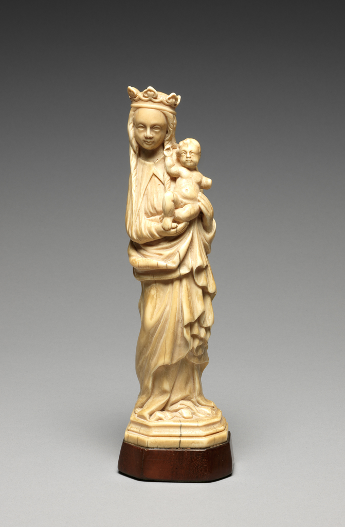 An image of Sculpture/Figure. Virgin and Child. Ivory carved in the round, height, whole, 7 1/4 inches, circa 1600-1700. Germany (south). From a provincial workshop.