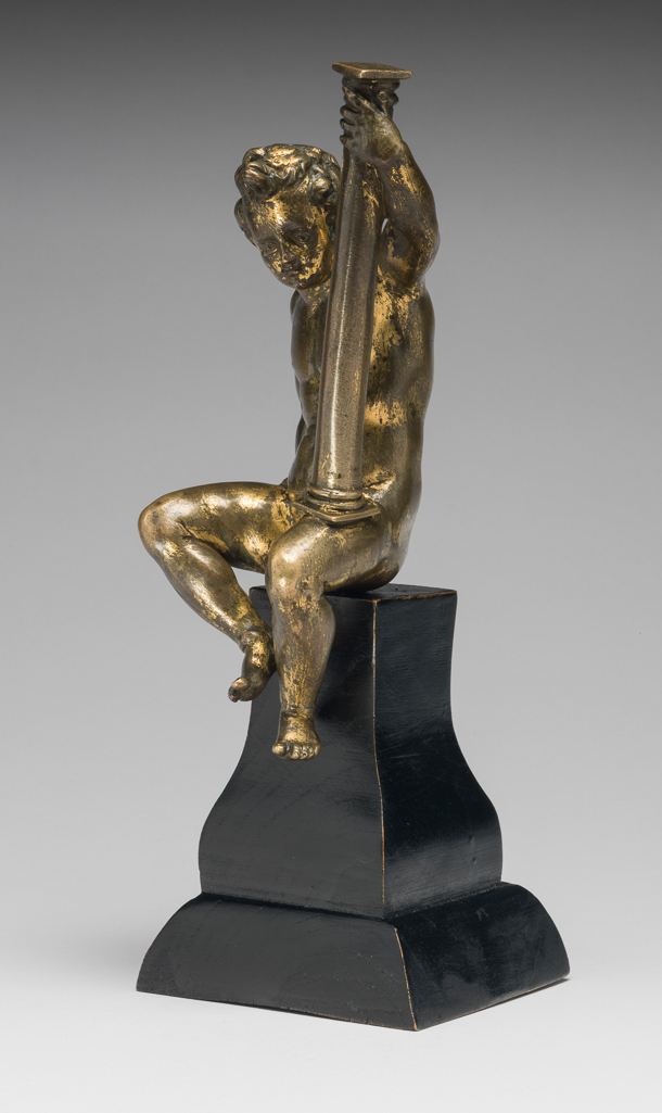 An image of Figure. Seated Putto with a Column. Gerhard, Hubert (Netherlandish, 1550-1622/3). Copper alloy, probably bronze, cast, chased, and gilded, height, whole, 17.3 cm, circa 1580-1585. Renaissance. Production Place: Germany.