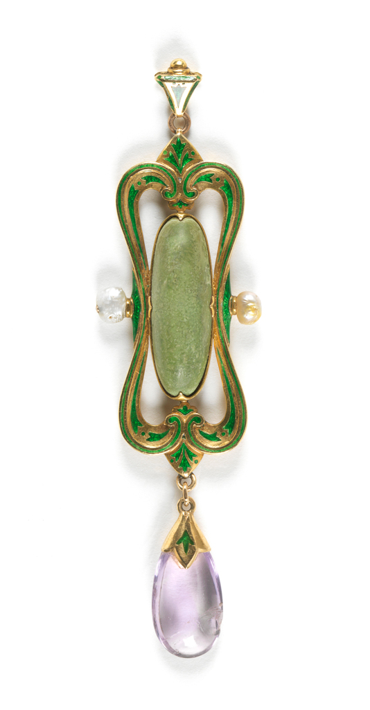 An image of Jewellery. Pendant. Carlo & Arthur Giuliano. Ricketts, Charles de Sousy, designer (British, 1866-1931). Gold, decorated with translucent green enamel, and set with a central cabochon green turquoise, with a pearl on each side, and an amethyst drop below, having at the top a triangular loop to take a chain. Height, whole, 8.3 cm, 1899. Renaissance Revival. Victorian. Acquisition: Grundy, J. Hull, Mrs.