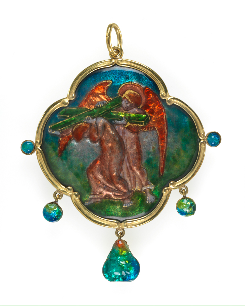 An image of Jewellery. The Helper Pendant. Traquair, Phoebe Anna (British, 1852-1936). The quatrefoil gold frame is set with an enamelled plaque of an angel helping Christ to carry the Cross. On the right and left sides of the frame there are circular protrusions, and below, three drops, all enamelled to resemble opals. There is a loop for suspension at the top. The back is inscribed in black 'the/helper/PAT (in monogram) 1903'. In red leather case (A). Gold, enamel decoration; translucent blue, green, pink, and red, height, whole, 7.6 cm, width, whole, 6 cm, dated 1903. Arts and Crafts movement. Acquisition: Grundy, J. Hull, Mrs.