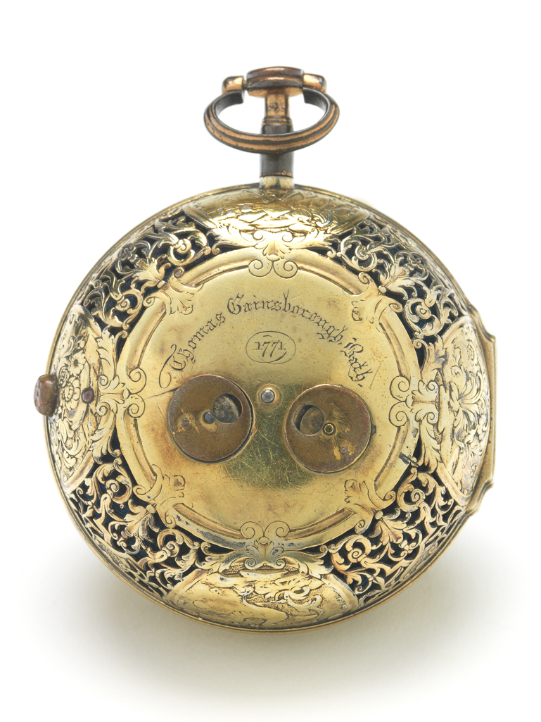 An image of Watches. Silver gilt watch. Inscribed "Thomas Gainsborough Bath, 1771" in gothic script on the outer case. Versailles, James Keith (French). Silver, height 7 cm, 18th century.
