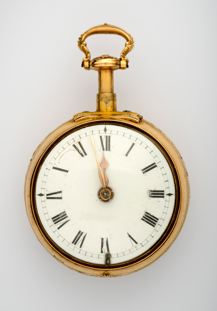 An image of Verge repeating watch in gold pair case. Chevenix, P. D., maker, England, London. Elin, Paul, case maker, possibly. MOVEMENT: Full plate movement engraved 'P D Chevenix 690', same on cap. Balance cock with pierced and engraved table, polished steel end piece with diamond end stone, mask at neck, foot chased. Brass balance. Slide plate engraved, silver regulation dial with radial Roman figures I to VI. Pierced fusee iron post. Case bolt in brass edge with nib through dial. Potance with short foot, riveted to plate. Counter potance, with square foot, riveted to plate. Plain repeating barrel, screwed to plate, outside flattened at edge of plate. Pillar plate with four turned pillars, third pinion sink. Fusee and chain, tangent set-up under barrel, barrel with top lip. Contrate wheel between hour rack and repeating barrel. Verge escapement. Train planted anti-clockwise. Five pinion runners governed by depthing pinion, second wheel in sink. Runners planted anti-clockwise. REPEATING WORK: 1/4 with chain repeating rack. All or nothing lever moved by hour can follower. Mechanism semi-polished. 1/2. 1/4 snail (a replacement), loose on cannon pinion, driven by spring into pinion. BRASS EDGE: Plain with joint. DIAL: White enamel on copper, ladder minute ring with diamond shaped quarter marks, and short radial Roman chapters. Counter enamel with painted 'W'. The dial is a replacement. HANDS: Gold, polished spade and poker. BELL: Scratched on the outside 'Drury' and '1.06.5'. CAP: Silver, oval table engraved as above, regulation crescent, winding pipe. Broad flat blued steel catch. Inside scratched '690' on table. INNER CASE: Gold, pierced and engraved band, with scene at pendant, mask at 6 o'clock. The back with a group of flowers, engraved at centre. Pendant, fixed by three screws, stirrup bow. Inside 'HM London 1742'. Maker's mark script 'PE' letter in rectangle with sharp corners. Body with cut-out for pulse piece. Plain bezel. OUTER CASE (A): Gold repousse with pierced pan
