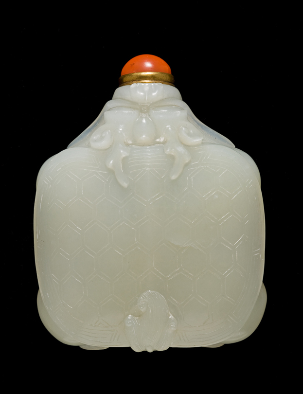 An image of Snuff Bottle. Nephrite of greyish/white colour, carved in the form of a mythological turtle. Height 6.7 cm. 1760-1860. Qing Dynasty (1644-1912). Chinese