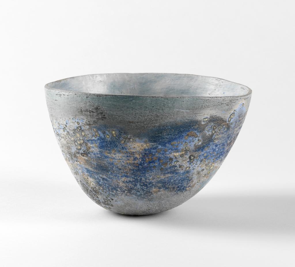 An image of Studio Ceramics. Vessel. Bowl. Owen, Elspeth (British, b. 1938). Pinched clay vessel, decorated with slips and burnished. Wide bowl, hand-built by pinching, with thin, gently curved walls rising from a small rounded base to a wide open mouth, the whole not quite symmetrical. Layers of coloured slip are painted over the surface, inside and outside. The vessel has been burnished, low-fired to around 1000oc and lightly polished with beeswax. Pinched clay, painted with slips, burnished and polished, height, whole, 11 cm, approx, diameter, 17 cm, approx, circa 2010-2017. Acquisition Credit: Given by Nicholas and Judith Goodison through The Art Fund.