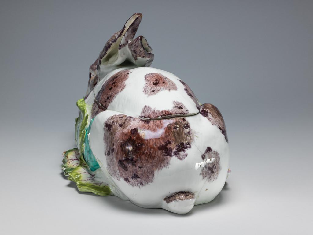 An image of Rabbit Tureen and Cover. Chelsea Porcelain Manufactory. Soft-paste porcelain, moulded in two parts, glazed, and painted naturalistically in polychrome enamels, height, whole, 8 3/4 in, length, whole, 13 3/4 in, circa 1755. Red Anchor Period. Rococo.