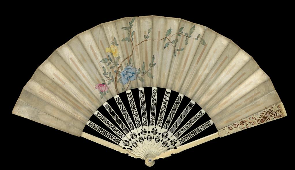 An image of Folding fan of double paper, painted in colours with a Chinese scene. Sticks and guards of pierced and gilt ivory. Length, guards, 29.3 cm. Circa 1700 to circa 1800. Possibly Austrian.