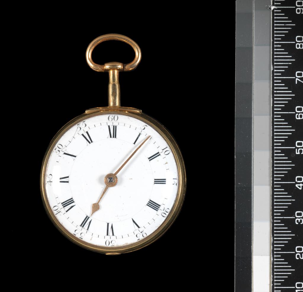 An image of Watches. Cylinder watch, in a silver pair case. Holmes, John, watchmaker, London. Penny, John, case maker, possibly, London. Full plate movement engraved 'J. Holmes Strand London no. 6526', cap engraved 'Jno Holmes Strand London no. 6526'. Balance cock, table pierced and engraved, rudimentary wings at neck, mask engraved on neck. blued steel end piece with diamond end stone, engraved foot. Brass balance. Slide plate engraved, silver regulation dial with radial Arabic figures 5 to 30. Pierced fusee iron post, steel case bolt with solid ears in slide in plate, nib in slot in brass edge. Worm and wheel set-up under barrel. Pillar plate with four turned pillars, with rib and tapered ends. Centre wheel recessed, third wheel under dial, third wheel bar. Third and fourth wheels crossed out in 6. Under dial scratched '5'. Fusee and chain, one lip on barrel, tangent set-up under barrel. High numbered train. Cylinder escapement, brass wheel. Train planted clockwise. Gilt brass edge, four feet. Gilt brass cap. Oval table engraved as above, regulator sector, winding pipe, barrel pod and polished steel clip. White enamel dial on copper, three feet. Radial Arabic 5 min. figures, ladder min. ring, radial short Roman chapters, inner ring. Gold, flat, spade hour and straight minute hand. Inner case: Gold, plain with body engraved with crest (heron, with anchor under one raised foot). Inside of body with London hallmark 1781 and maker's mark, incuse 'IP' scratch mark '1361' and '962' (raised edge of body, next to nib cut-out, cut away). Plain pendant and bow. Outer case: (A): Gold, plain, back engraved with crest, as inner, with 'W. Pitt' engraved below, and '1782' below that, inside stamped '327'. (Catch spring and push piece missing.). Height, inner case, 55.5 mm, diameter, inner case, 42 mm, thickness, inner case, 22.25 mm, height, outer case, 58 mm, diameter, outer case, 48 mm, thickness, outer case, 22.25 mm, diameter, movement (top plate), 34.5 mm, diameter, movement (pillar pl