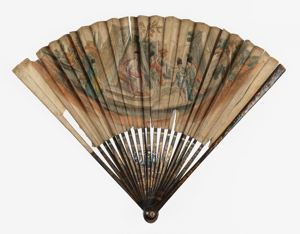 An image of Folding fan depicting a scene from classical mythology. An empress sits on a raised throne and rules, before her are three soldiers in roman military dress. Paper leaf with hand coloured etching on shaped sticks and guards, decorated with painted chinoiseries. Circa 1740. Chinoiserie. English, probably.