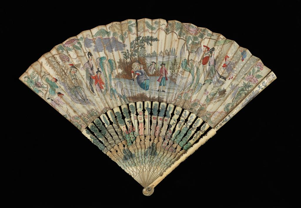 An image of Folding fan with a central pastoral scene of a seated European courting couple, watched by two men, set against a European-style landscape, the whole flanked by oriental motifs and figures within oriental landscapes. Paper leaf decorated on one side with hand-coloured etching, the top edge reinforced with an adhered narrow plain paper border, on shaped, painted, and varnished elephant ivory sticks and guards. Circa 1740. Chinoiserie. English.