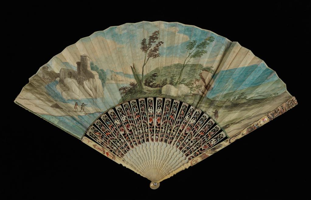 An image of Folding fan. Unknown, maker, China. The reverse has a small painted landscape. The sticks and guards are of ivory, pierced, etched, painted and gilt, depicting chinoiserie scenes. Double chickenskin painted in bodycolour, length, guards, 27.7 cm, circa 1750-1760. Production Note: Northwest Europe.