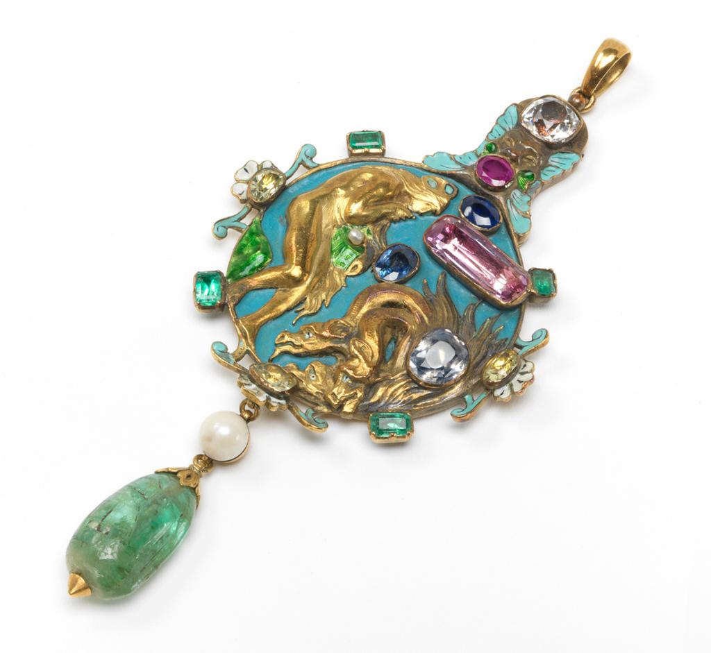 An image of Jewellery. Pendant. The Descent of Psyche into Hell. Ricketts, Charles de Sousy (British, 1866-1931), Carlo & Arthur Giuliano, Wartski. Gold, enamelled in opaque turquoise-blue, translucent green and red, and opaque white, set with sapphires, emeralds, chrysolites, a pink topaz, a clear gemstone, and a garnet, with a pearl and an uncut ? emerald drop. Height (whole) 12.8 cm, width (whole): 5.9 cm cm, length (case) 17 cm, width (case) 10 cm, 1904. English.